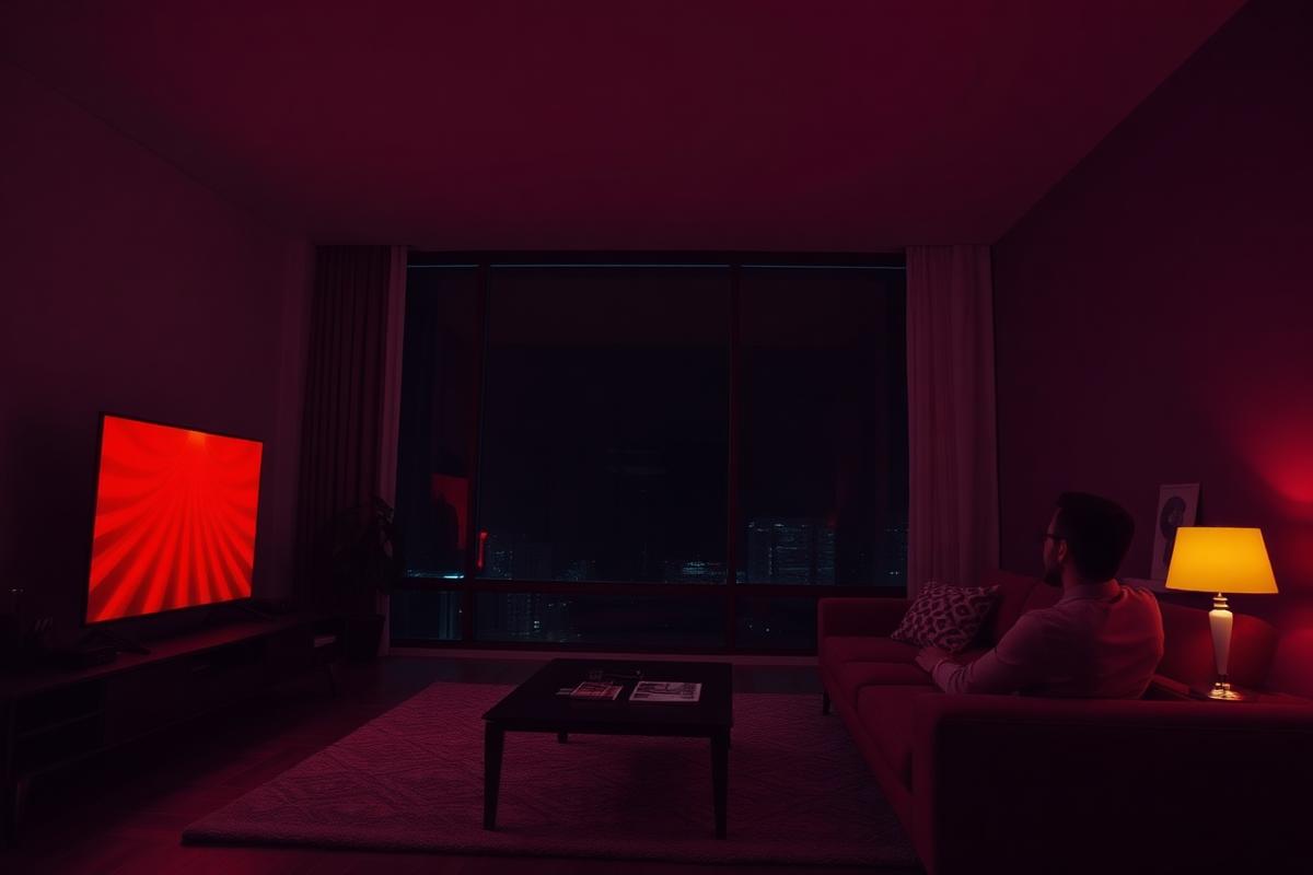 A dark living room lit red by a large television screen